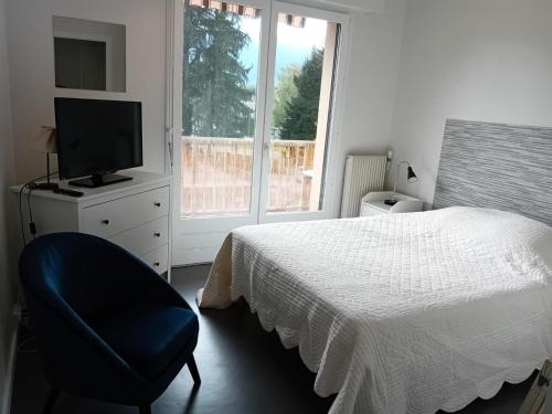 une chambre avec un lit, une chaise et une télévision dans l'établissement Résidence Le Choiseul - Agréable logement au coeur de la ville ! MAE-7961, à Aix-les-Bains