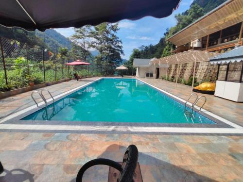 a person sitting on a chair next to a swimming pool at Nature's Nest Resort in Rongli