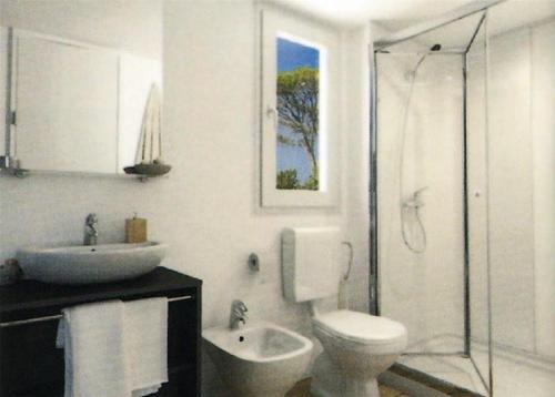 マリーナ・ディ・カンポにあるVictoria Mobilehome by Ville degli Uliviのトイレ、洗面台、シャワー付きのバスルーム