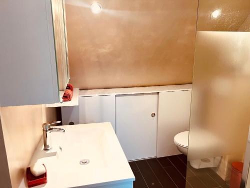 un bagno con un lavandino bianco e un water di Les Tournaisiens, Cottage à 2 pas de Wimereux a Wimille