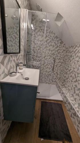 une salle de bain avec un lavabo et une douche dans l'établissement Pyrenean charm - Veranda - outdoor courtyard, à Bagnères-de-Bigorre