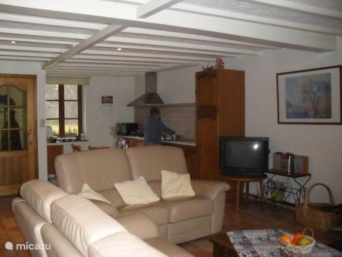 a living room with a couch and a tv at Les Ruisseaux in Gedinne