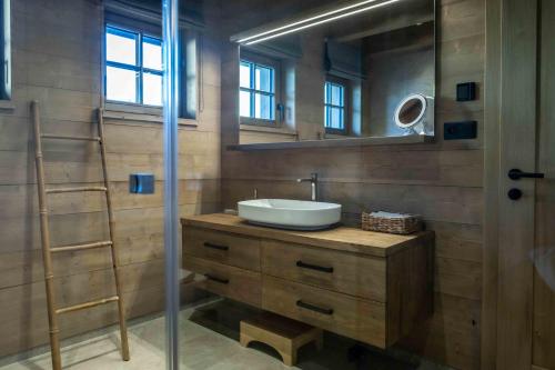 ein Badezimmer mit Waschbecken und Spiegel in der Unterkunft Chalet Javorka in Kořenov