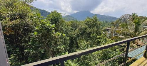 a balcony with a view of a forest of trees at 38 guest house in Kitulgala