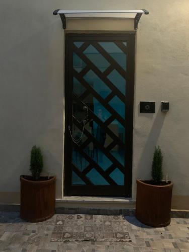 a glass door in a building with two plants at B&B Sole e Luna in Ponte Galeria