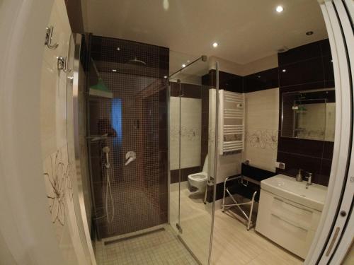 a bathroom with a shower and a toilet at Apartament Blue Mare Łukęcin Spacerowa 6 in Łukęcin