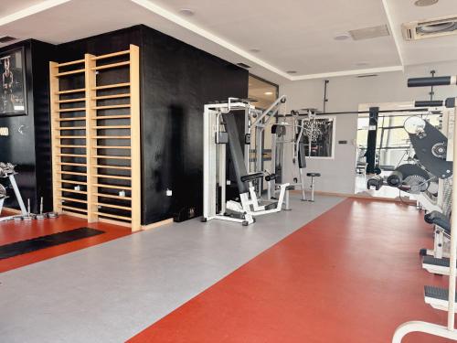 a gym with two treadmills and machines in a room at Hotel Via Vitez in Vitez