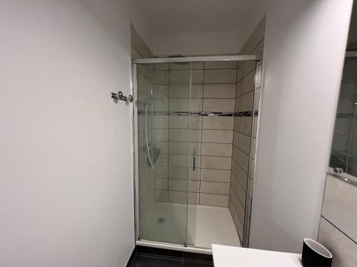 une douche avec une porte vitrée dans une salle de bain dans l'établissement Calais Wilson 2 - Studio Balneo 2p, à Calais