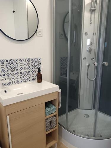 a bathroom with a shower and a sink and a mirror at Chalet Cosy avec option Jacuzzi in Saint-Genès-de-Fronsac