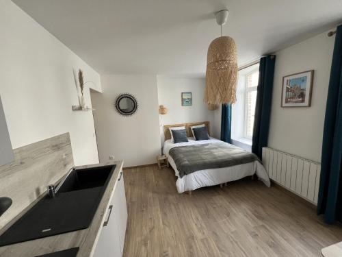 une chambre avec un lit et un lavabo dans l'établissement Esprit Maritime - 2p centre-ville, Place Dalton, à Boulogne-sur-Mer