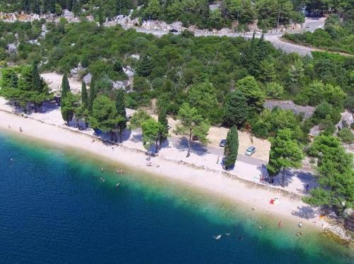 an aerial view of a beach with trees and water at Apartment Leo in Ploče