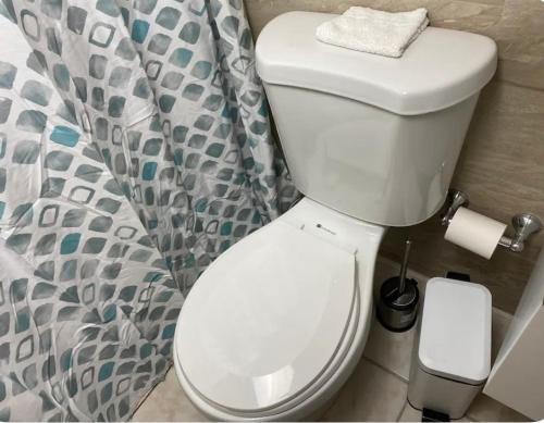 a white toilet in a bathroom with a shower curtain at Shalex House 3 in Carolina