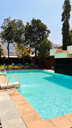a large blue swimming pool with chairs and trees at Hotel Master Paradise, Pushkar, Rajasthan , INDIA in Pushkar