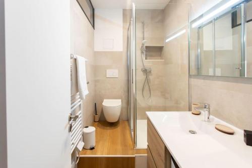 une salle de bain avec une douche, un lavabo et des toilettes dans l'établissement L59 Appartment La Loge Vieux Nice, central AC & WIFI, à Nice