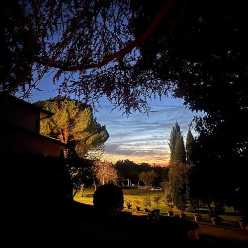 a view of a field with trees and a sunset at Labella Villa in Viterbo
