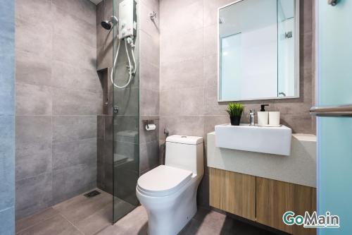 a bathroom with a toilet and a sink and a shower at 24h Check in & SkyPool- KL Sentral Suite Riveria City Near KL Sentral KL KLCC in Kuala Lumpur
