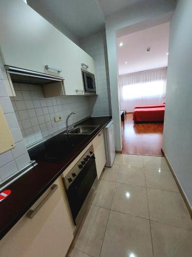 a kitchen with a sink and a stove at Domocenter Apartamentos Turísticos in Bormujos