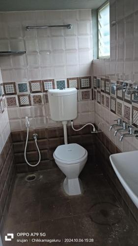 a bathroom with a toilet and a sink at Giridhama homestay in Chikmagalūr