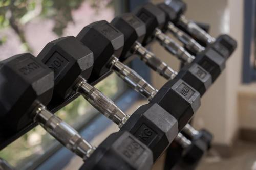 a row of black dumbbells on a bench at Alkyon Resort Hotel & Spa in Vrahati