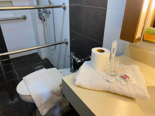 a bathroom with a sink with a toilet and towels at Cebu Century Plaza Hotel in Cebu City