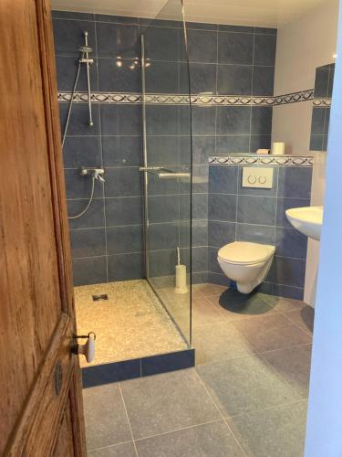 une salle de bain avec douche et toilettes dans l'établissement La route du phare, à Fermanville