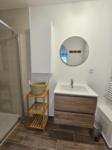 a bathroom with a sink and a mirror at Le Chaleureux Lourdes Hyper Centre in Lourdes