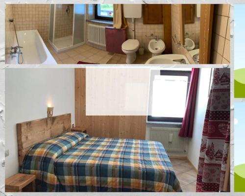 two pictures of a bedroom with a bed and a bathroom at Chalet Rustico Bertolini per Gruppi! in Vermiglio