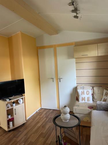 un salon avec un canapé et une table dans l'établissement Coquet mobilehome 8 places, à Puget-sur Argens