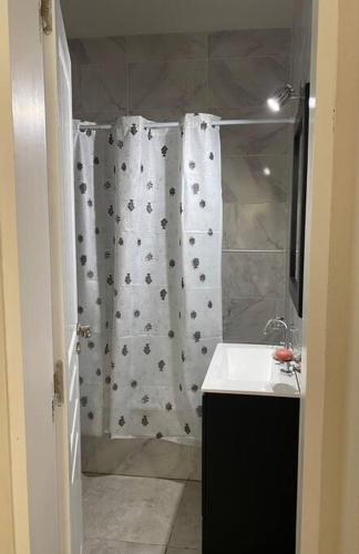 a bathroom with a shower curtain and a sink at Departamento Pinamar centro Jupiter in Pinamar