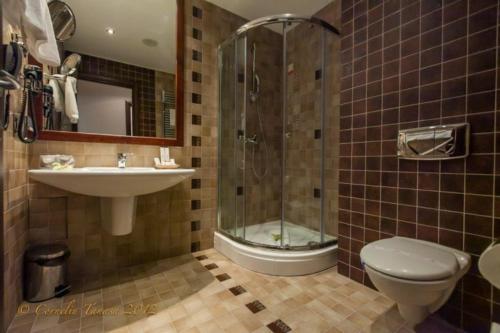 a bathroom with a shower and a toilet and a sink at Alpin ApartHotel 2302 in Poiana Brasov