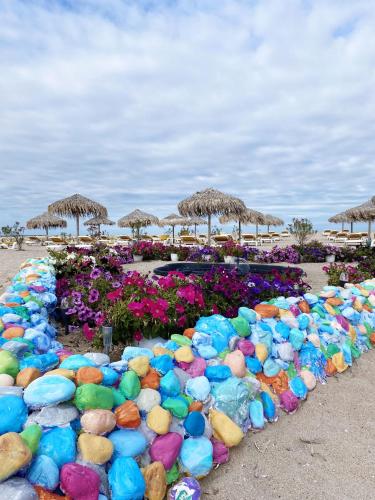 a display of colorful rocks and flowers on a beach at Boutique Citadel in Eforie Nord