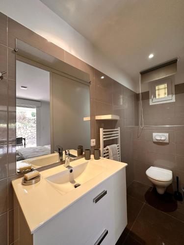 une salle de bain avec un lavabo, des toilettes et un miroir dans l'établissement ALTO DI PINARELLO, à Sainte-Lucie de Porto-Vecchio