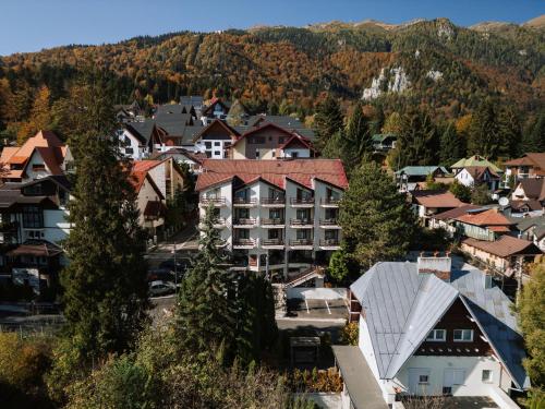 an aerial view of a town with houses and trees at Hotel Marea Neagra in Sinaia