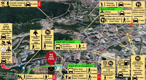 a map with a bunch of signs on it at Sabai Sabai Guesthouse in Bayan Lepas in Bayan Lepas
