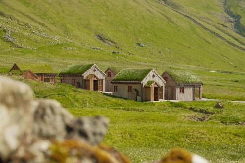 a group of buildings with grass roofs on a hill at Múlafossur Cottages by famous waterfall in Gásadalur in Gásadalur
