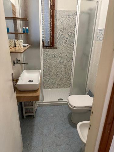 a bathroom with a shower and a toilet and a sink at appartamento trilocale dolores in Campo nell'Elba