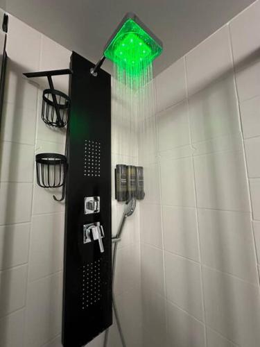 La salle de bains est pourvue d'une douche avec un pommeau de douche vert. dans l'établissement Aux accents maritime et jardin 200m de la mer, à Merville-Franceville-Plage