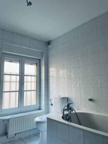 La salle de bains blanche est pourvue d'une baignoire et de toilettes. dans l'établissement LE PIERRE 2 CH 2 SDB 1 parking, à Strasbourg