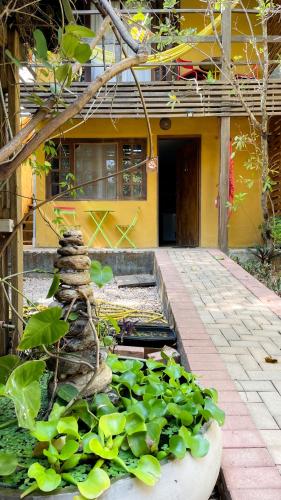 a garden with a pond with plants in front of a house at Maloca Hospedagem in Sao Jorge