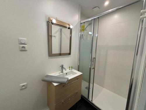 ein Badezimmer mit Waschbecken und Dusche in der Unterkunft Appartement entre plage de l'Ecluse et place du marché in Dinard
