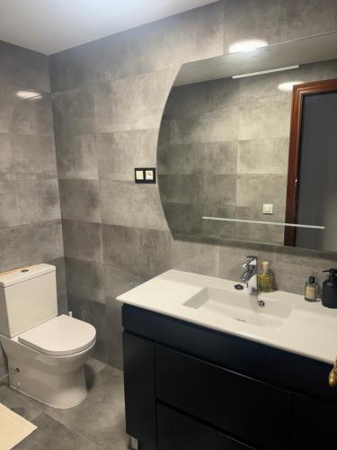 a bathroom with a toilet and a sink and a mirror at RENFE-ALSA y clinicas in Oviedo