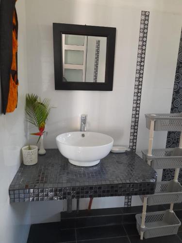 a bathroom with a white sink on a counter at Skipper Dan Bungalow in La Gaulette