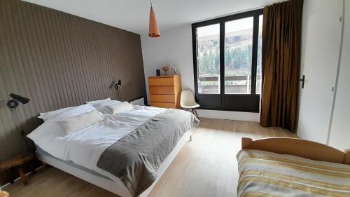 une chambre avec un lit et une grande fenêtre dans l'établissement Appartement osca des brimbelles, à La Bresse