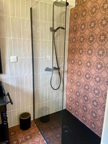 une douche avec une porte vitrée dans une salle de bain dans l'établissement Le Cottage de la Villa des Chouettes, à Maisons-lès-Chaource