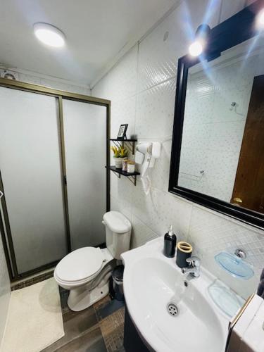 a bathroom with a white toilet and a sink at Casa Torino in Santiago
