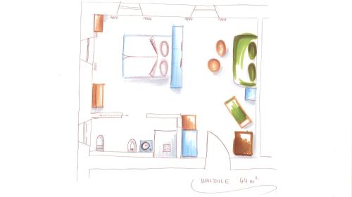 a drawing of a living room with furniture at Niedermairhof in Brunico