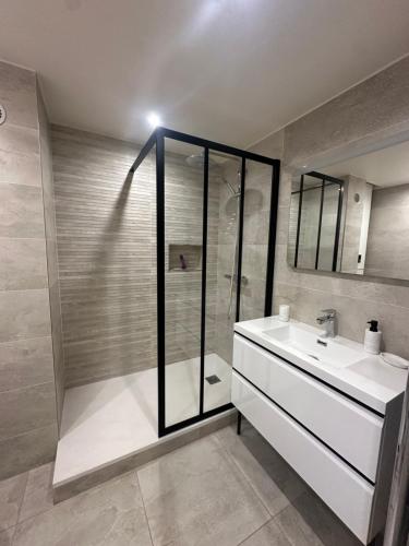 La salle de bains est pourvue d'une douche et d'un lavabo blanc. dans l'établissement T2 Hyeres La Bergerie vue mer 50 M de la plage, à Hyères