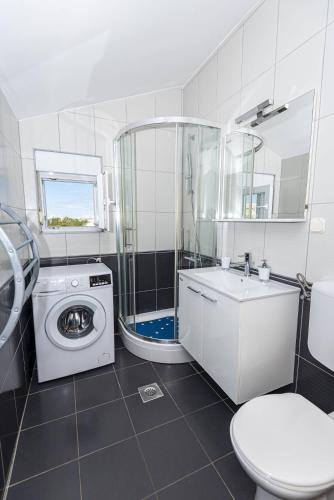 a bathroom with a toilet a sink and a washing machine at Vila Murvica in Pag