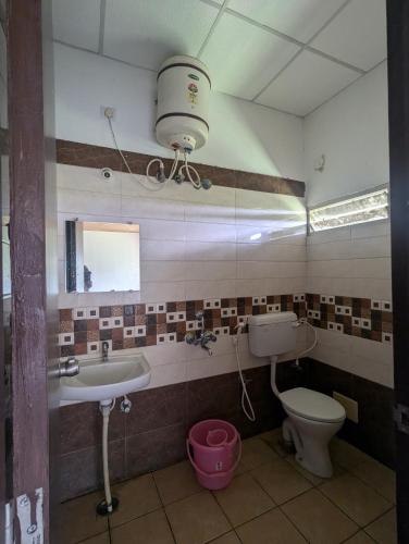 a bathroom with a sink and a toilet and a light at Govinda Krishna Comforts in Mysore