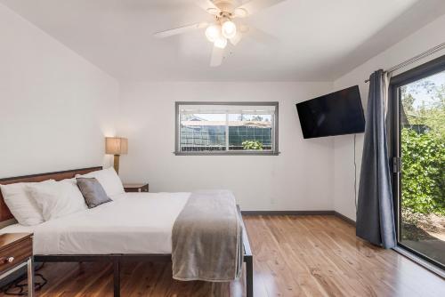 a bedroom with a bed and a tv and a window at Spacious Home & Guest House, 2 Kitchen & Garden in Chico